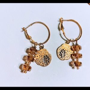 Gold leaf hoop earrings amber crystal beads